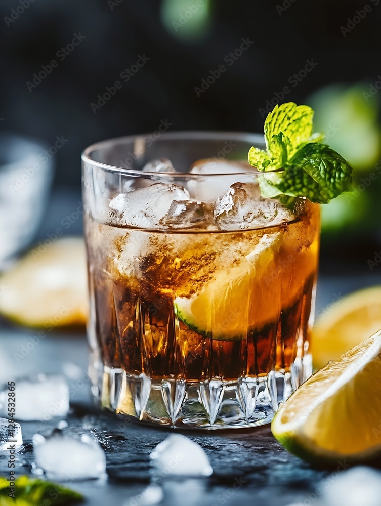 Poster refreshing cocktail in a crystal glass garnished with mint leaves and lime slices on a dark surface 