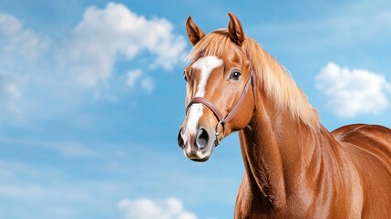 Chestnut horse portrait, sunny sky, pasture background, equestrian stock photo