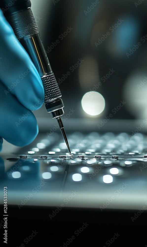 Poster repairing electronics with a tool in a lab, lights out of focus. use tech
