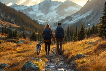 Couple hiking hand in hand with their dog on a mountain trail at sunset in a picturesque valley
