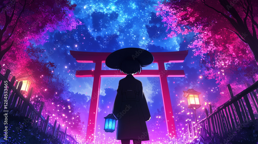 Poster enchanting night at a torii gate with lanterns and colorful trees under a starry sky in a serene lan