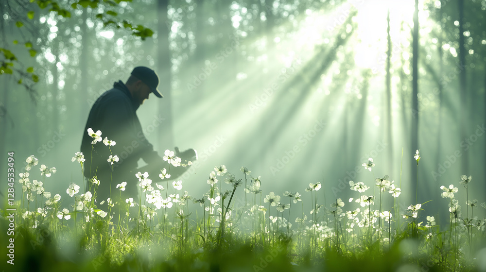 Poster capture of a person taking photos amidst a misty forest filled with blooming flowers and rays of sun