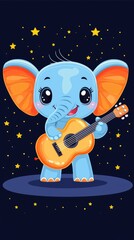 Fototapeta premium Adorable Elephant Playing Guitar Under a Starry Night Sky