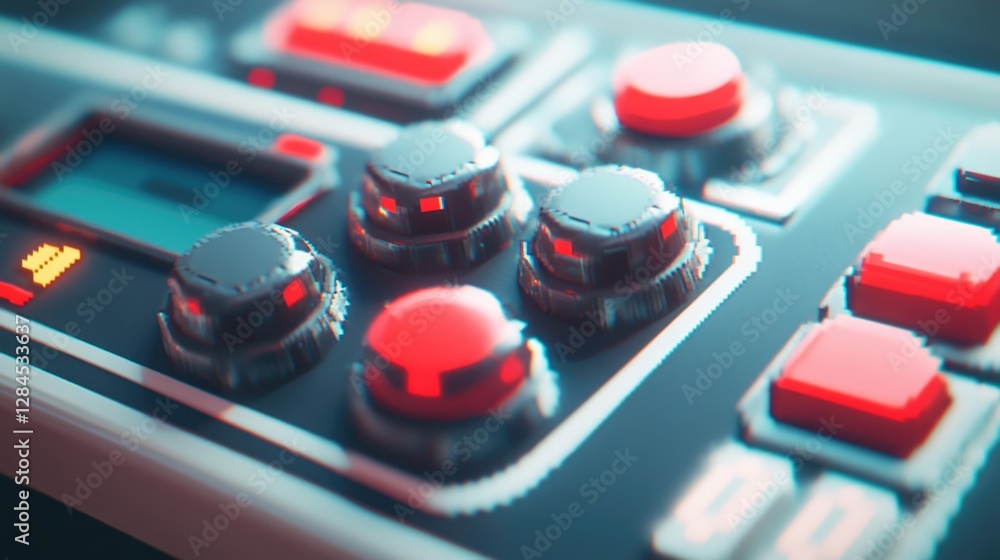 Poster close-up of an analog control panel with red switches and buttons, suggesting it's part of a musical