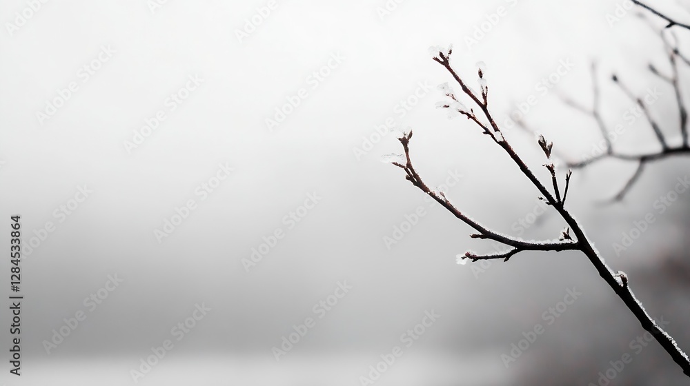 Aufkleber beautiful winter scene with delicate frosted branches against a soft foggy background in monochrome 