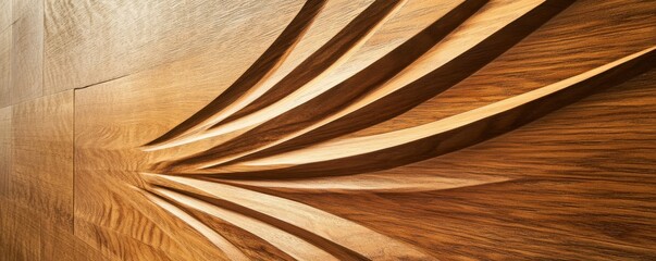 Intricate wood carving on textured wooden surface with abstract patterns and shadows