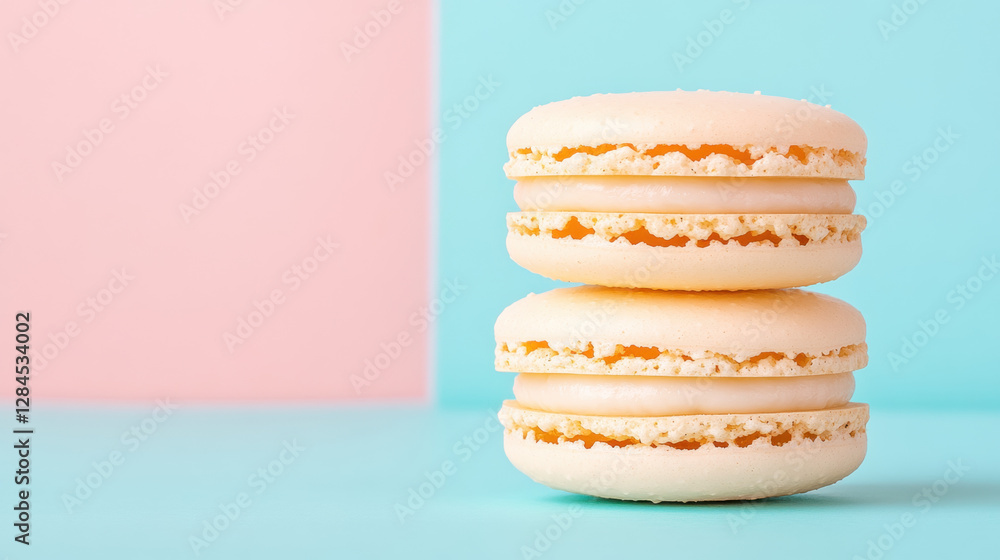 Poster vanilla, a close-up of a vanilla macaron with a bite taken, emphasizing texture and detail in a high