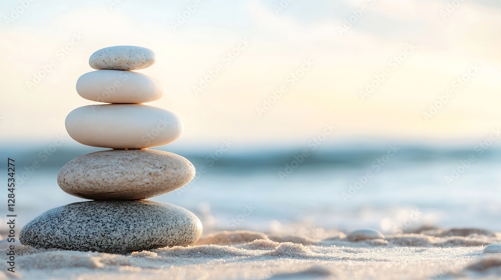 Poster beautifully stacked pebbles on sandy beach with calm waves in background : generative ai