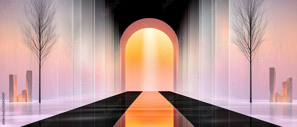 Poster artistic representation of a modern architectural space with an abstract pathway and glowing portal 
