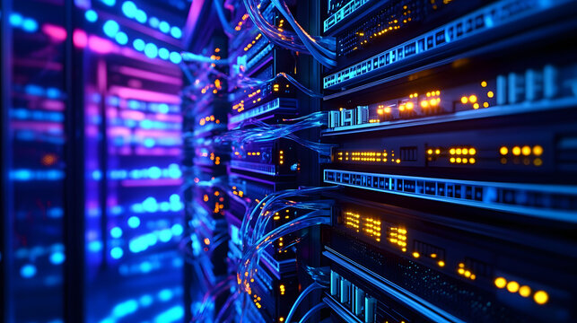 High tech data center with robust network switches and glowing cables.