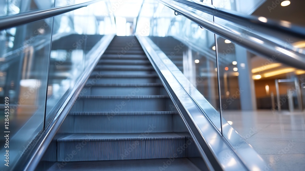 Poster modern escalator leading up in a bright contemporary building showcasing sleek architecture and glas