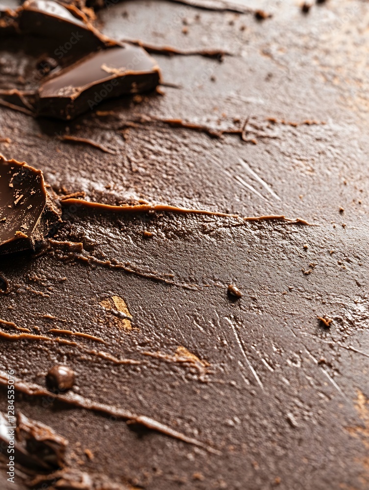 Poster a tempting arrangement of dark chocolate pieces and spread on a textured surface for dessert lovers 