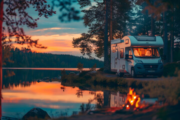 The Allure of Freedom: A Luxury RV Parked by a Tranquil Lake at Sunset