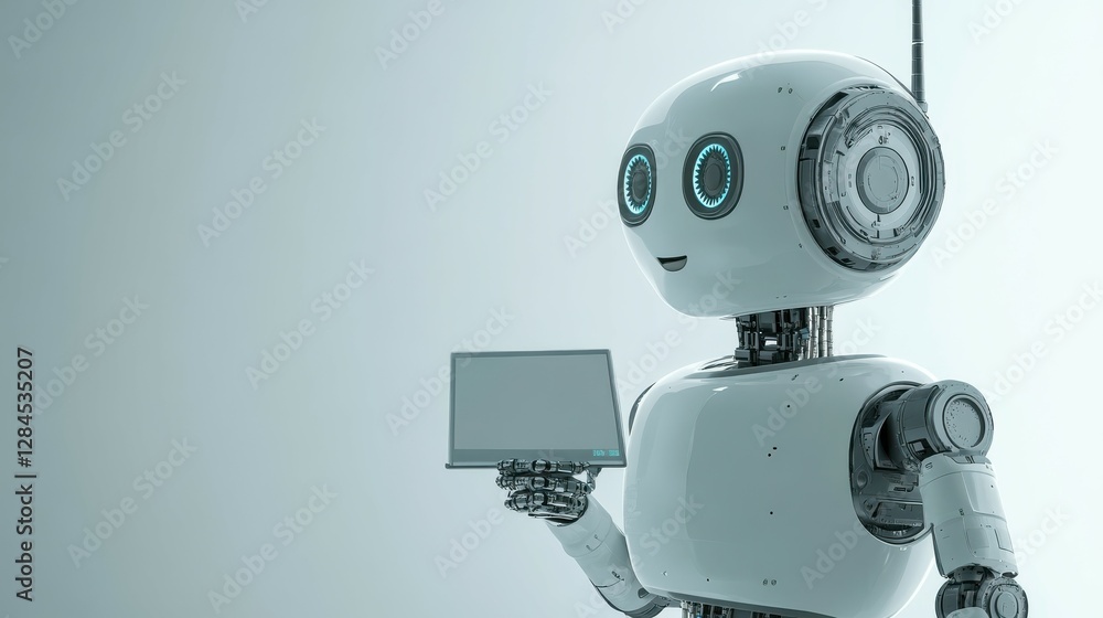 Poster futuristic robot holding tablet displaying advanced technology and innovation