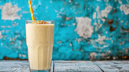 Vanilla, A tall glass of vanilla smoothie with a straw, captured in high fidelity and enhanced resolution.