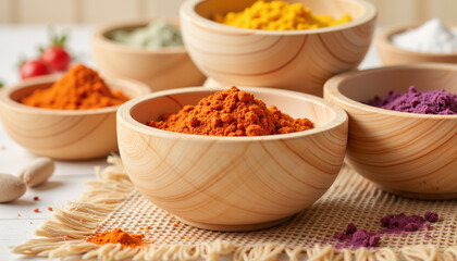 Colorful spices in eco-friendly bamboo bowls on wooden surface, sustainability