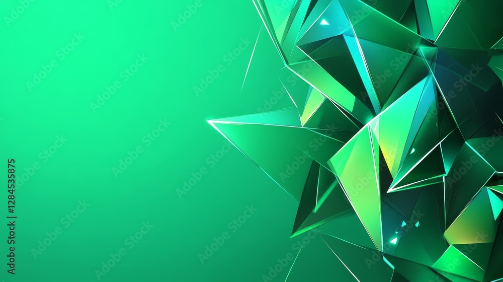 Poster abstract green geometric shapes with sharp edges and reflections in a minimalist background