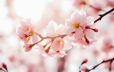 Delicate pink cherry blossoms in soft focus with sunlight filtering through
