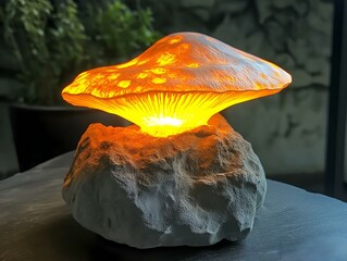 glowing mushroom lamp, stone base, warm light, whimsical design, nature inspired artwork