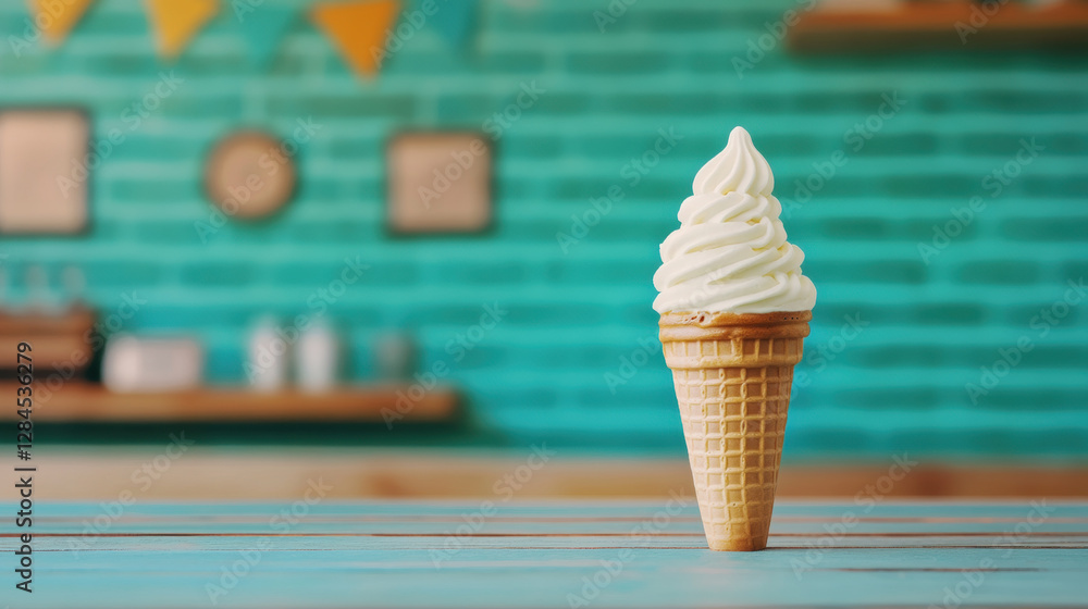 Poster vanilla, a high-fidelity image of a vanilla-flavored soft serve cone with a chaotic aesthetic.