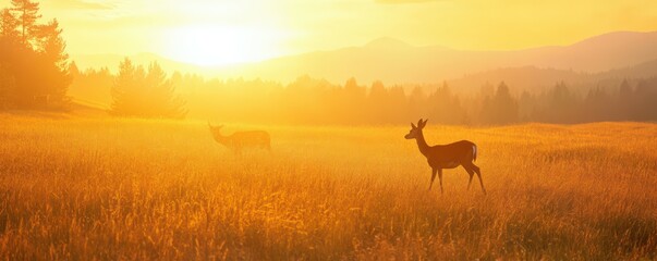 Deer grazing in golden sunrise landscape with trees and mountains