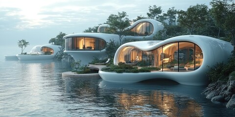 Coastal city with towering sea walls and floating neighborhoods for flood resilience