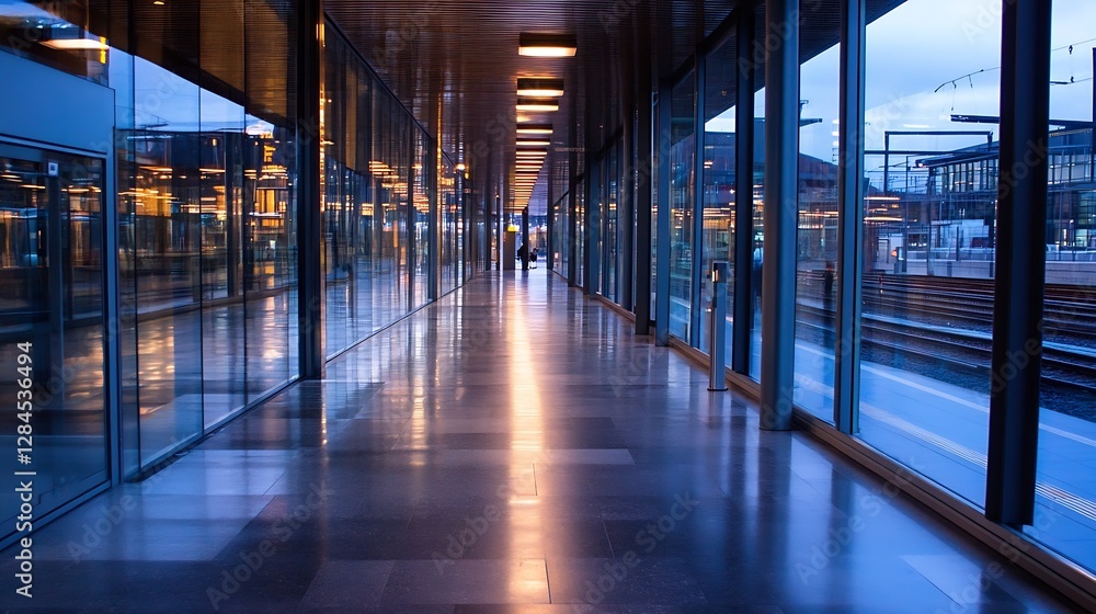 Poster an empty modern train station corridor illuminated by warm lights during twilight : generative ai