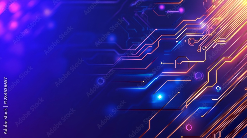 Poster abstract digital circuit design with vibrant neon color and glowing elements in a tech background