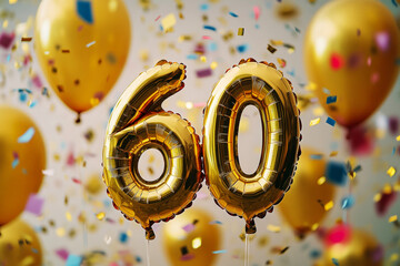 A sparkling gold foil 60 balloon with elegant gold balloons and vibrant, colorful confetti in motion, capturing the excitement of a 60th celebration in a dynamic, festive style