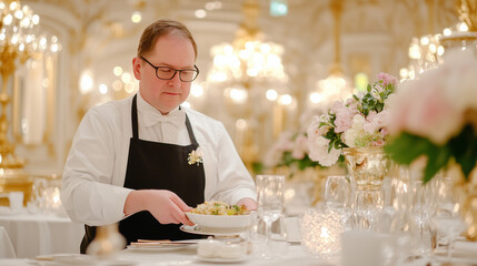 Elegant dining experience in a luxurious restaurant with attentive waiter serving gourmet dish to guests