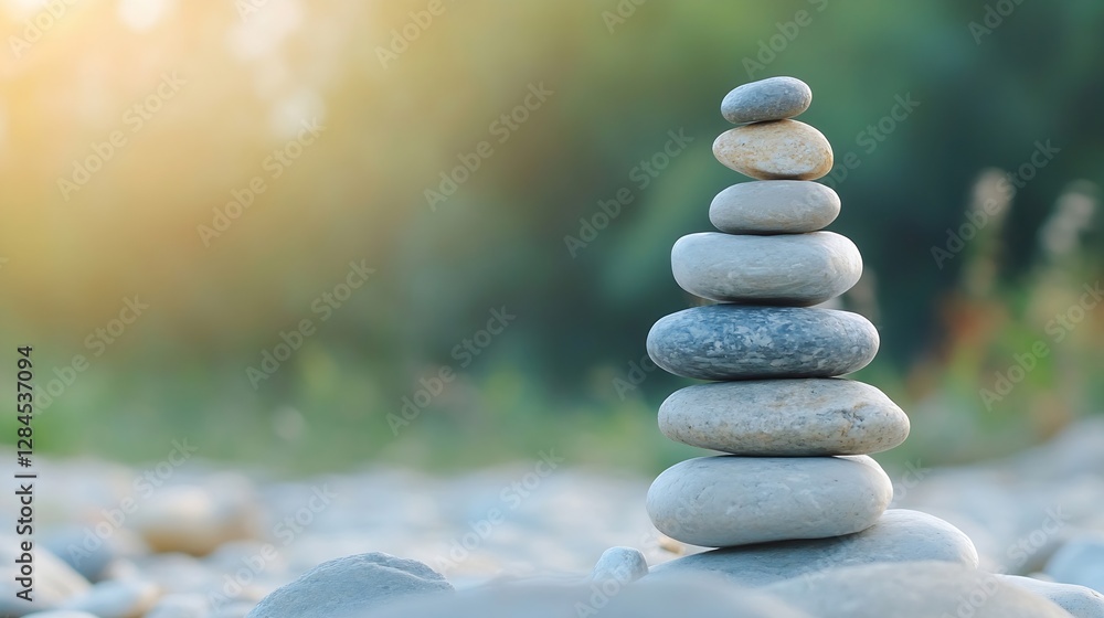 Aufkleber serene stack of smooth pebbles balancing on each other at sunset amidst a peaceful natural backgroun