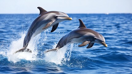 Fototapeta premium Two playful dolphins leaping joyfully out of crystal clear ocean waters : Generative AI