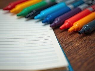 Fototapeta premium Colorful Markers and Lined Notebook on Wooden Table