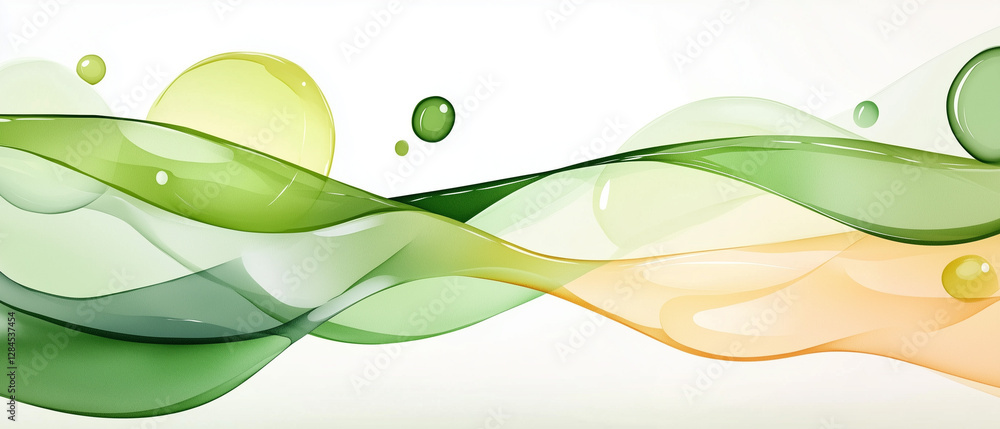 Poster flowing abstract design with green and orange waves, representing energy and nature in a tranquil se