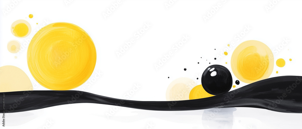 Poster swirling black and yellow design with abstract shapes and contrasting colors in a minimalist style