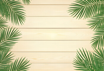 Vector illustration of Summer holiday with wooden background and palm leaves
