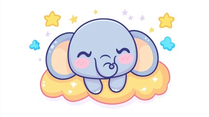 Adorable Baby Elephant Sleeping on a Cloud, Dreamy Kawaii Cartoon Illustration