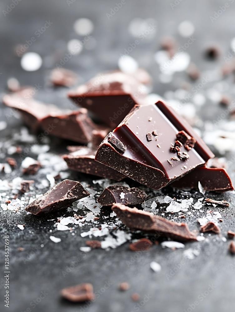 Poster rich dark chocolate chunks scattered with a sprinkle of sea salt on a dark countertop : generative a
