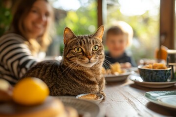 Cat enjoys breakfast with family at home in a cozy setting with sunlight streaming in