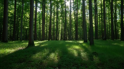 Obraz premium Sunlight Filtering Through Tall Trees in a Serene Forest Creating Dynamic Shadow Patterns : Generative AI