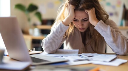 Stressed young woman trying to manage work pressure while sitting at a cluttered desk : Generative AI