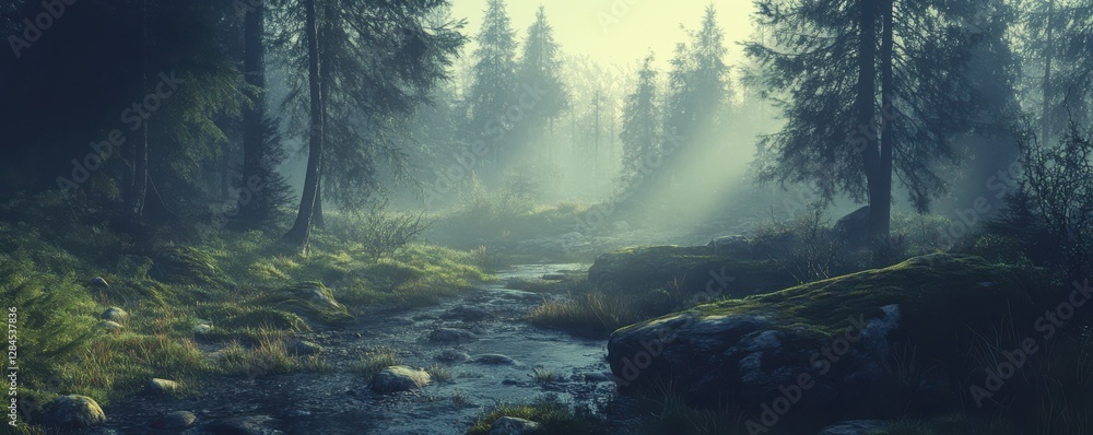 Poster serene forest stream with sunrays filtering through misty pine trees at dawn