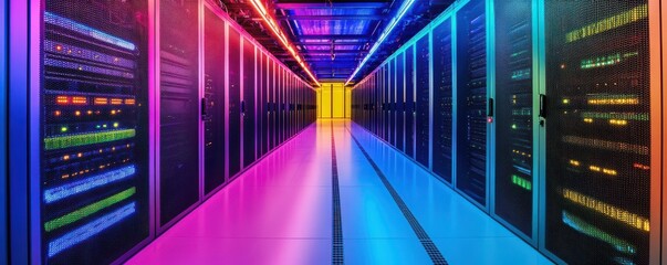 Fototapeta premium Colorful data center corridor with illuminated server racks and ambient lighting