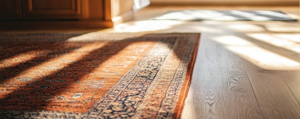 Sunlit oriental rug on wooden floor with intricate design and warm colors in cozy home interior