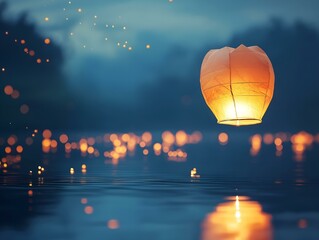 sky lantern over water, night scene, warm light, tranquil atmosphere, reflective water