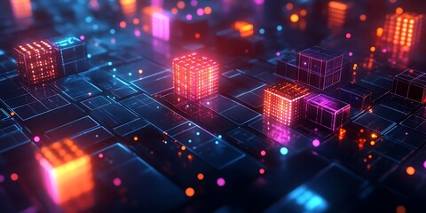 Naklejka premium Abstract glowing cubes, technology background, futuristic design, digital display