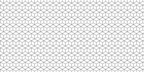 Isometric cube grid seamless pattern with adjustable line strokes. Cubic hexagon texture creating a geometric rhombus mesh design on a white background. Perfect for modern and technical designs.