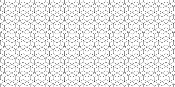Isometric cube grid seamless pattern with adjustable line strokes. Cubic hexagon texture creating a geometric rhombus mesh design on a white background. Perfect for modern and technical designs.