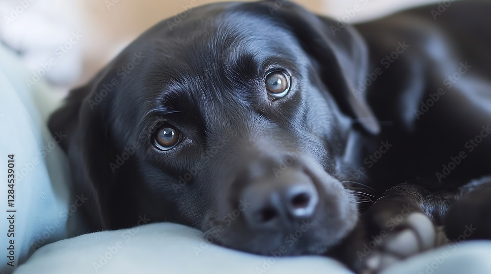 Poster closeup photo of a relaxed black dog resting on a sofa exuding comfort and tranquility : generative 