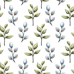 Seamless watercolor pattern with delicate flowers and leaves on a transparent background. Perfect for textiles, packaging, wallpapers, printing, and other design projects. I